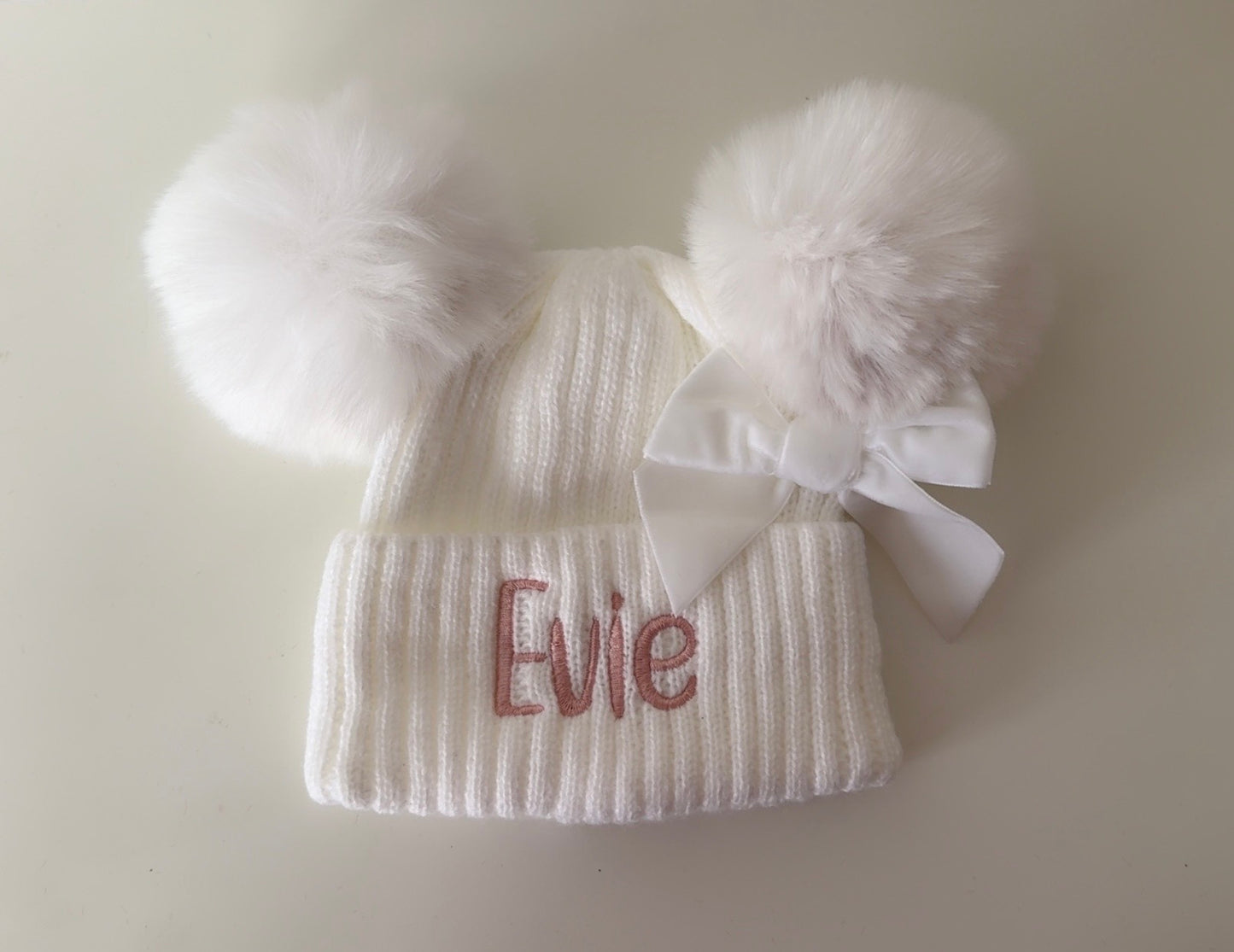 Personalised double Pom Pom hat with bow