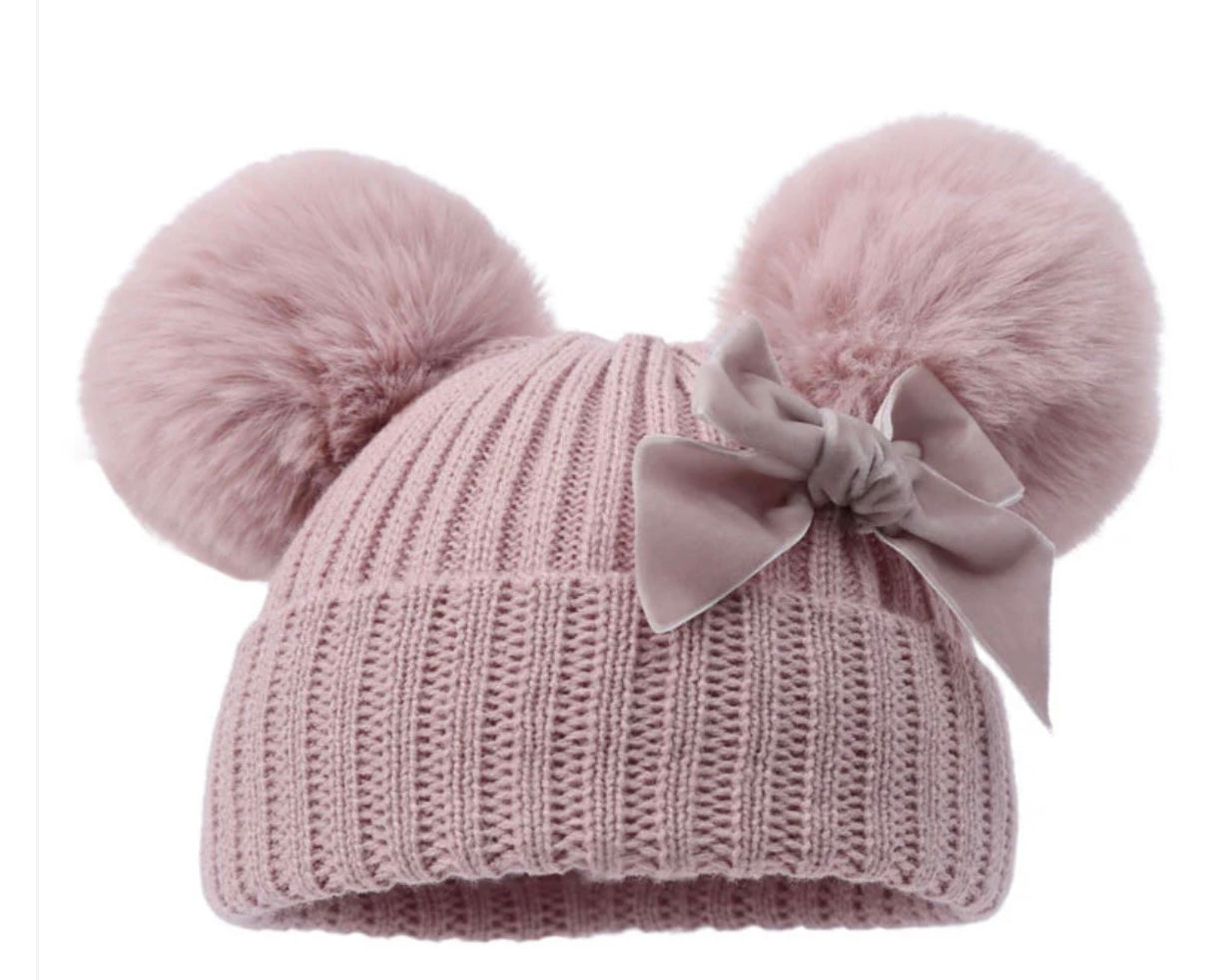 Personalised double Pom Pom hat with bow
