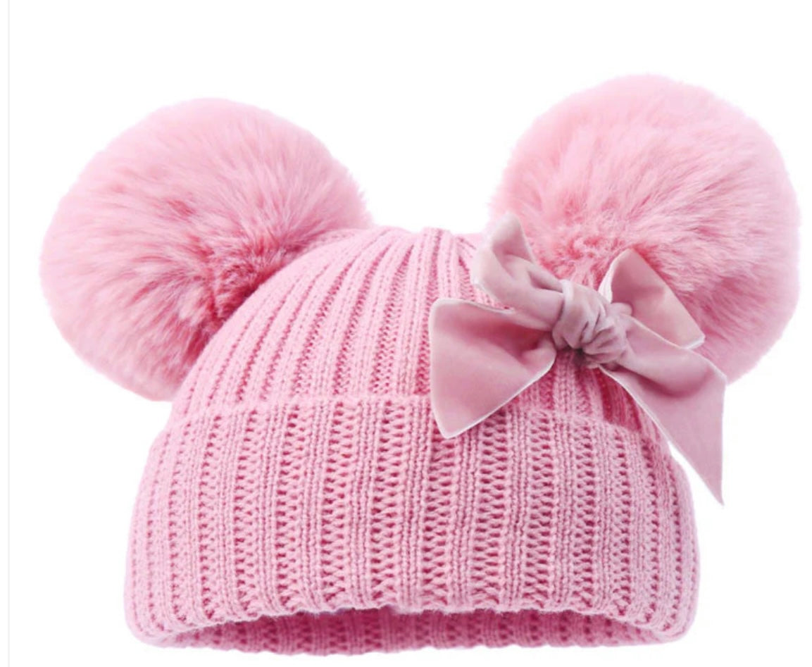 Personalised double Pom Pom hat with bow