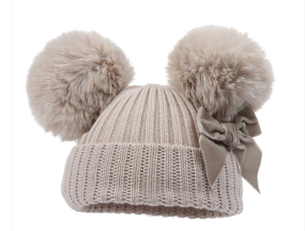 Personalised double Pom Pom hat with bow