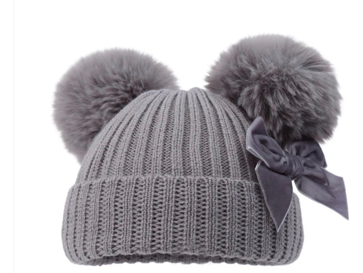 Personalised double Pom Pom hat with bow