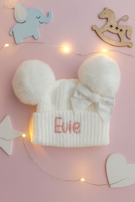 Personalised double Pom Pom hat with bow